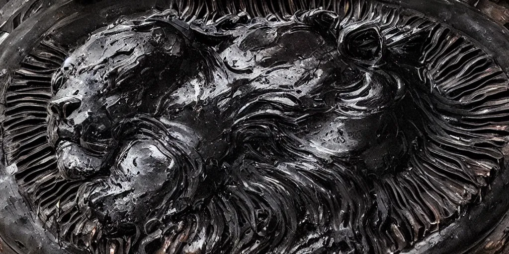 Prompt: the black lioness made of tar, dripping tar, drooling ferrofluid, melting through an air vent. painting, environment art, realistic, detailed