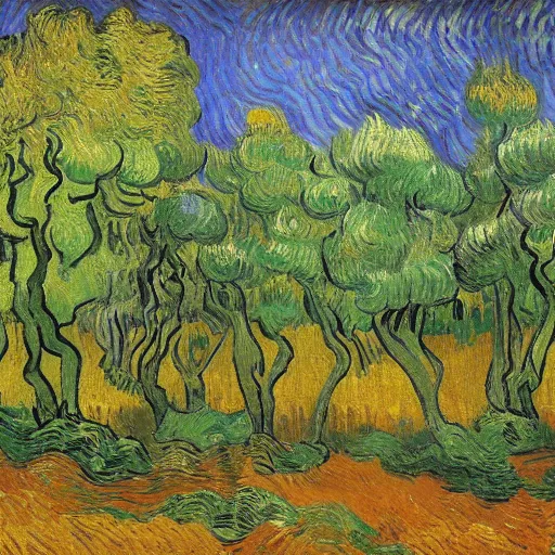 Image similar to painting of a forest, by van gogh