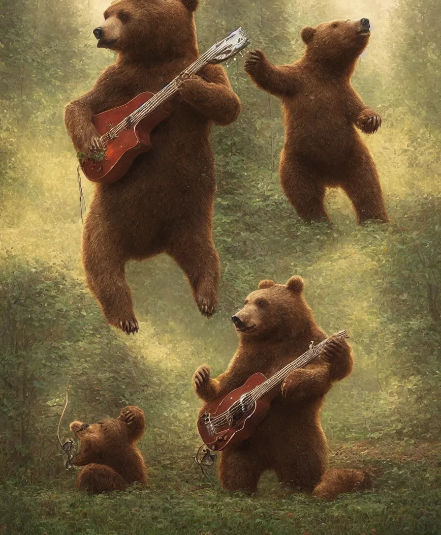 Image similar to realistic bear playing guitar, illustrated by Simon Stålenhag and Gaston Bussiere, intricate, ultra detailed, photorealistic, trending on artstation