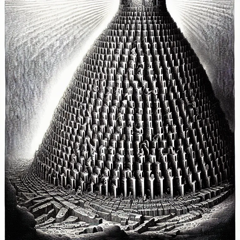 Prompt: the tower of babel. extremely high details, perfect face, black and white, masterpiece, magnum opus engraving by gustave dore, jean giraud, philippe druillet