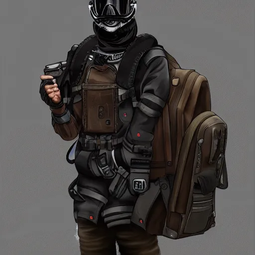 Image similar to futuristic rebel wearing black helmet, brown cloak, technical vest, and a backpack, photorealistic, digital art