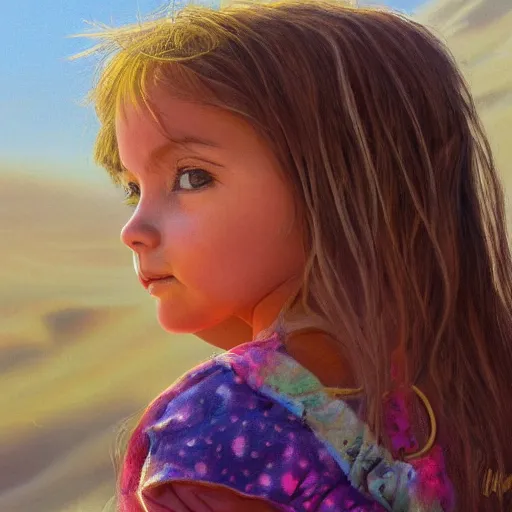 Image similar to a detailed portrait of a little girl in the desert, art illustration, incredibly highly detailed and realistic, 8 k, sharp focus