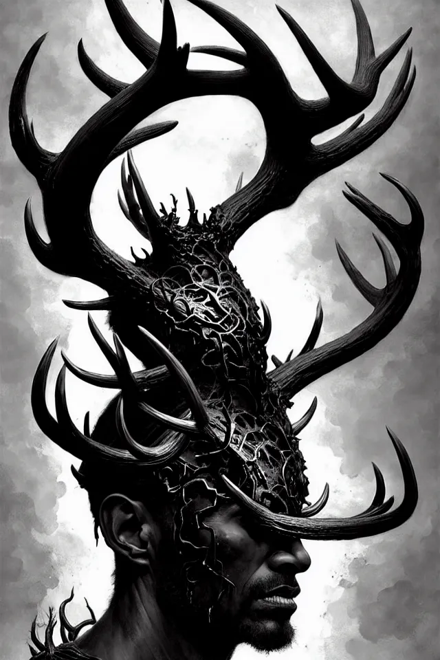 Image similar to a striking portrait of an eldritch black god king with black antlers and a burning horned crown on his head by moebius and ross tran and beksinski, trending on artstation, digital art, 4 k resolution, detailed, high quality, sharp focus, hq artwork, insane detail, volumetric lighting, character concept art, fine details, clear face