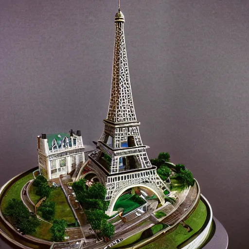 Image similar to a detailed photo of a diorama city, paris eiffel tower, macro photography, zoom, model trees, table, studio lighting