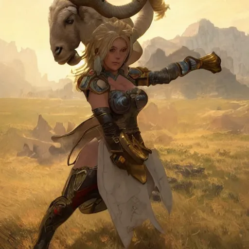 Prompt: a blonde paladin woman fighting a giant goat on the streets of a fantasy town, d & d, fantasy, highly detailed, digital painting, artstation, concept art, character art, art by greg rutkowski and tyler jacobson and alphonse mucha