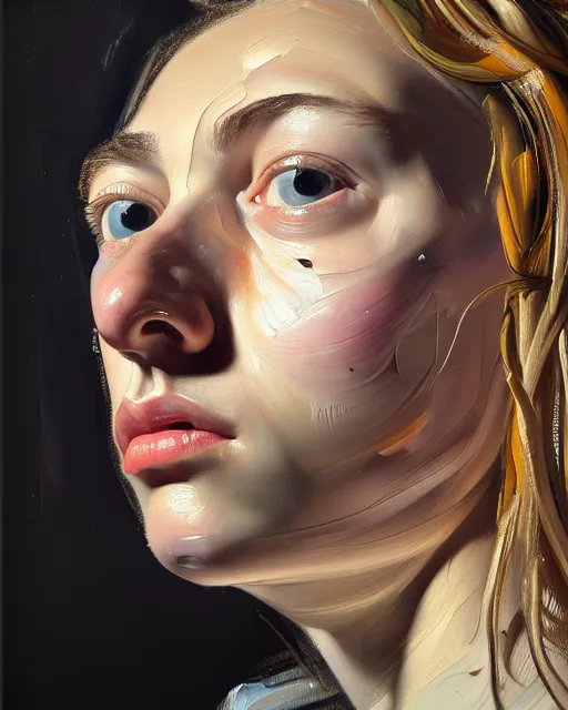 Image similar to a close up portrait a very ordinary young woman with a distracted expression, low angle, facing front, looking up, by Lucian Freud and Jenny Saville, oil painting, anatomically correct, beautiful perfect face, visible brushstrokes, sharp focus, Highly Detailed, Cinematic Lighting, 8k, HD