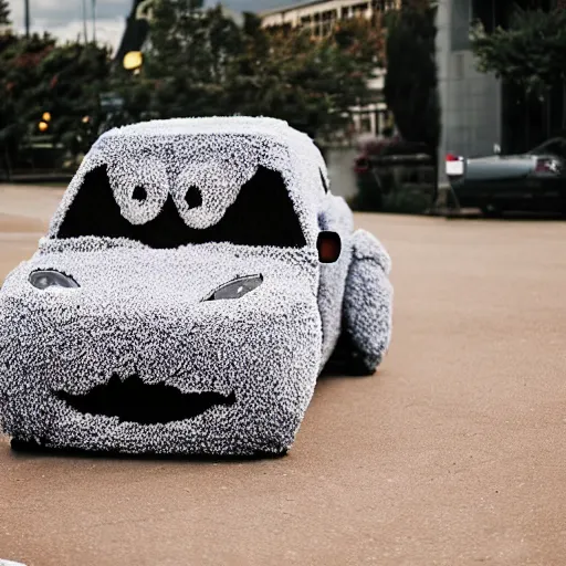 Prompt: A goofy car with a furry carpet outside