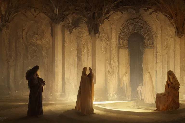 Prompt: inside a tomb, dark scene, light coming in from the left, dark scene, 3 mourning women in colored robes, 2 angels with feathered wings | medium close | fibonacci composition, by greg rutkowski, craig mullins, alphonse mucha