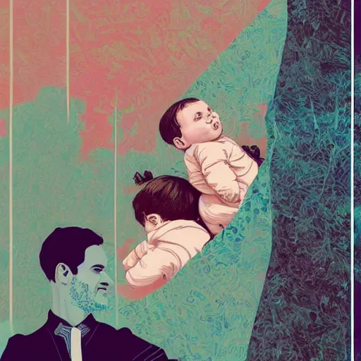 Prompt: hyperdetailed beautiful digital paper collage of a father with a baby. interesting textures in vibrant pastel tones. maximalist illustration in the style of a mixed media collage. half-lenght. matte background. well done. HD 8x