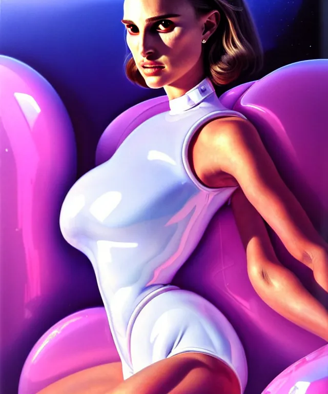 Image similar to beautiful fantasy character portrait, natalie portman, wearing oversized plastic puffy pink bomber jacket and white leotard, seductive seated pose, futuristic chrome vehicle, ultra realistic, wide angle, dramatic lighting, robots, cyberpunk artifacts, highly detailed by boris vallejo, aaron horkey, paolo eleuteri serpieri, hajime sorayama, peter mohrbacher,,