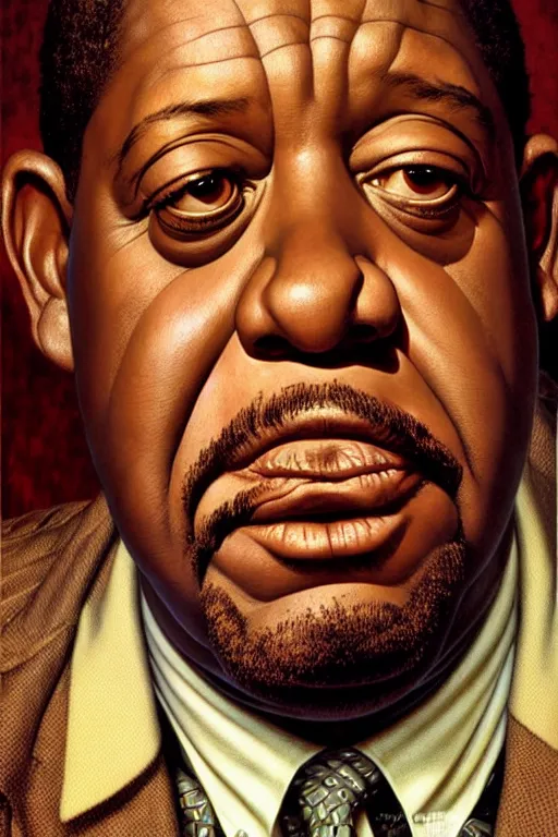 Prompt: forest whitaker by gil elvgren and norman rockwell and rob gonsalves and hajime sorayama, hyperrealistic, high detail, ultra detailed, highly detailed face, ruffled fabric