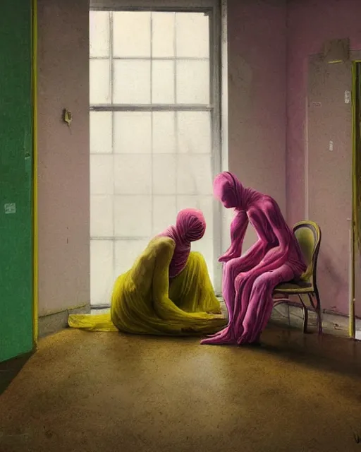 Prompt: two skinny figures wearing gas masks draped in silky gold, pink and green, in an abandoned hospital room with bodies on the floor, outside the window a storm rages, cinematic lighting, feeling of impending doom, gentle, depth of field, extremely detailed, in the style of Francis Bacon, Esao Andrews, Zdzisław Beksiński, Edward Hopper, surrealism, art by Takato Yamamoto and James Jean