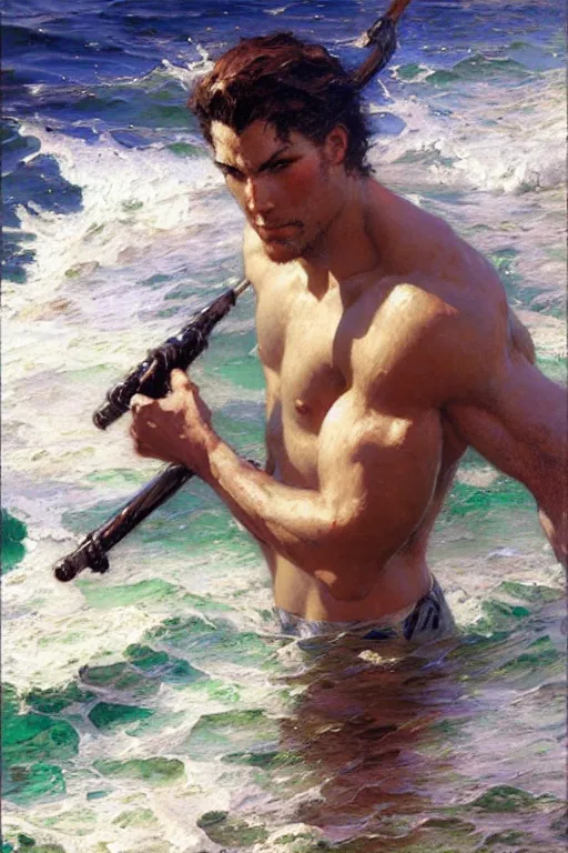 Prompt: attractive man in the ocean, painting by gaston bussiere, craig mullins, j. c. leyendecker, yoji shinkawa