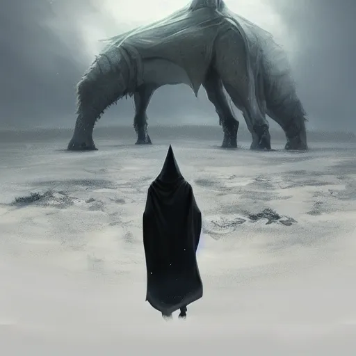 Prompt: concept art of a small hooded figure standing in a barren field looking at a colossal beast, by Jessica Rossier + Andreas Rocha, dark, epic, masterpiece