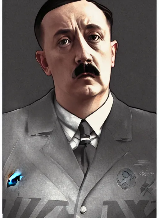 Image similar to Hitler in luxuruous active nike shirt, sigma male, NIKE logo, NIKE checkmark, accurately portrayed, portrait art by alphonse mucha and greg rutkowski, highly detailed, digital painting, concept art, illustration, dim lighting with twilight rays of sunlight, trending on artstation, very detailed, smooth, sharp focus, octane render, close up