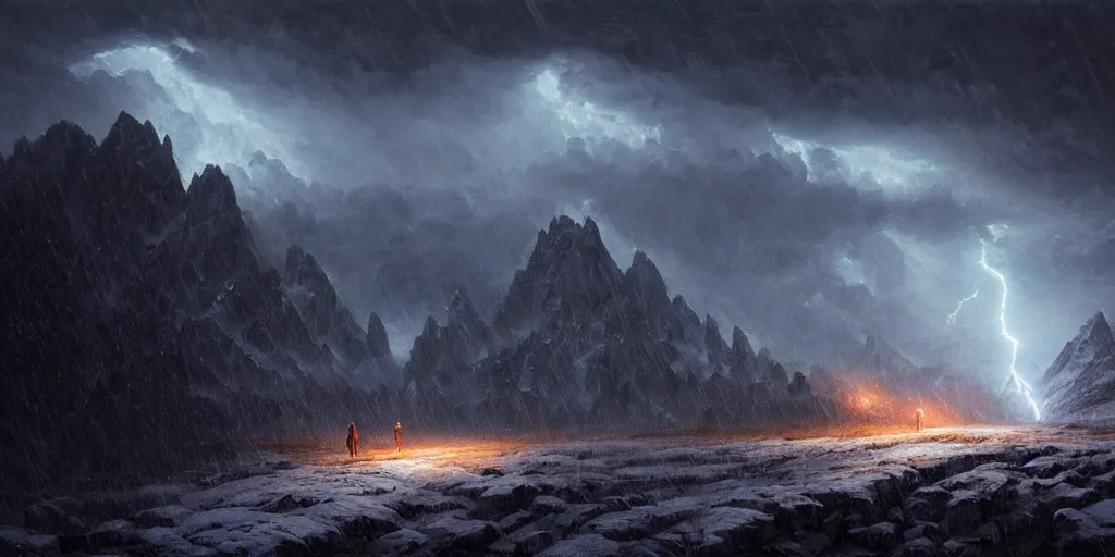 Prompt: snowy mountain trail, craggy peaks at night, lightning sky lit up, style of greg rutkowski, ominous sky, wizard battling a giant, 8 k resolution, intensely detailed oil painting, highly detailed illustration, photorealistic illustration,