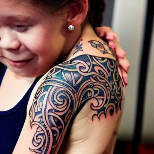 Prompt: a woman with an intricate tattoo of her 9 year old daughter