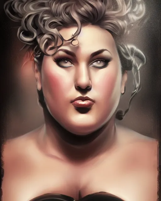 Prompt: bust portrait of a > > > gorgeous < < < woman, bbw, muscular. provocatively dressed. pop art, black oil bath. in the style of charlie bowater, ayama kojima.