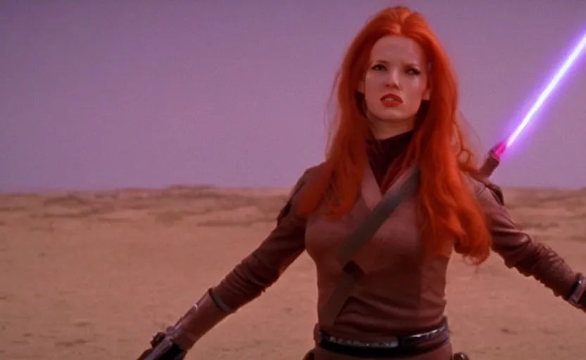 Prompt: screenshot of Julian Moore as Mara Jade, the female jedi, from the film 2001 Space Oddyssey (1968) directed by Stanley Kubrick, 4k still frame, windy hair, cinematic lighting, stunning cinematography, hyper detailed scene, anamorphic lenses, kodak color film stock