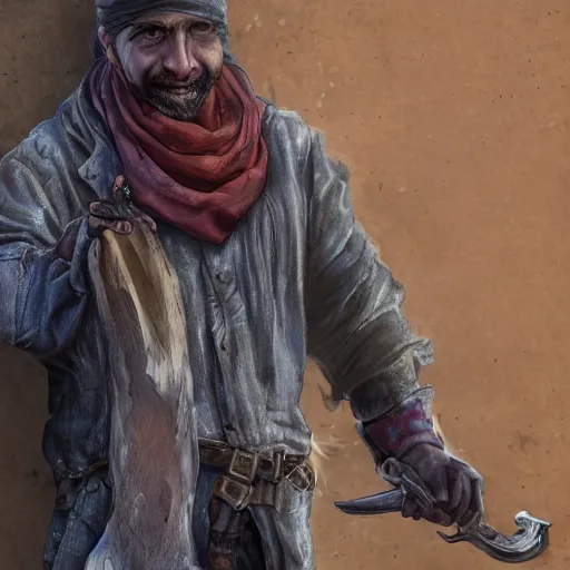 Image similar to a high detail shot of a dirty, homeless cat wearing rags, holstering sword, realism, 8 k, fantasy, d & d, concept art