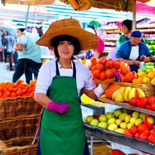 Prompt: Bolivian woman with apron and hat selling fruits in a Latin American market in anime style -9