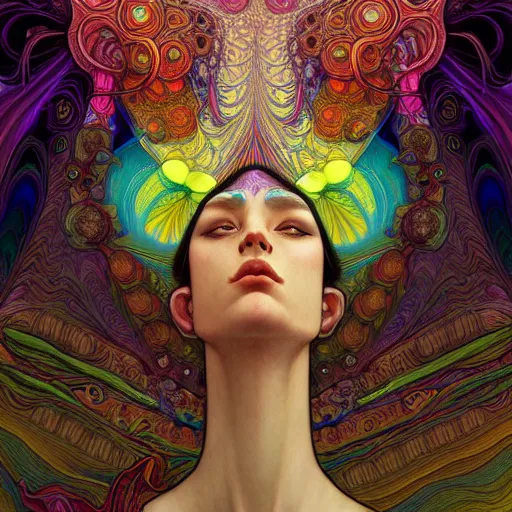 Image similar to An extremely psychedelic experience, reality bending, morphing, transforming, colorful, surreal, magic mushrooms, psilocybin, LSD, face, detailed, intricate, elegant, highly detailed, digital painting, artstation, concept art, smooth, sharp focus, illustration, art by Krenz Cushart and Artem Demura and alphonse mucha