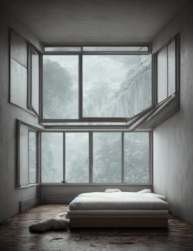 Prompt: wide angle photo of floating bed above floor in the middle of epic room with windows opening to other fantasy dimensions by andrzej sykut by lee madgewick, photorealistic, octane render, recursive!!!!, flowing, cascading, multiverse!!!!!!, labyrinthine, optical illusion, impossible angles