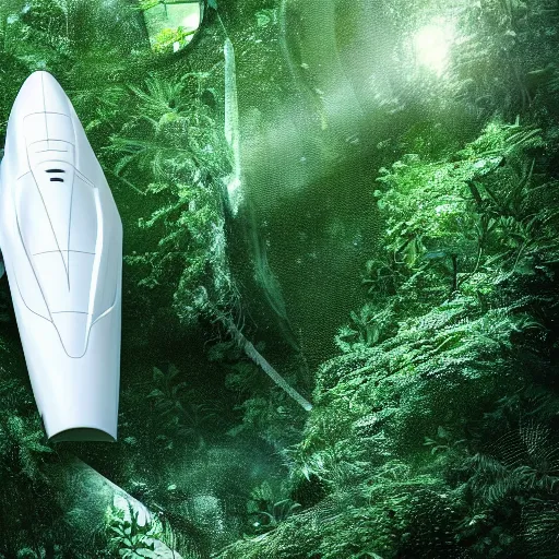 Prompt: futuristic white spaceship in a dense alien rainforest, HD, high def