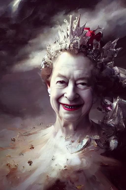 Image similar to art masterpice, hysterical clown faced queen elizabeth descending from the clouds, intricate, beautiful cinematic lighting, stunning painting by artgerm, caravaggio, ruan jia, wadim kashin