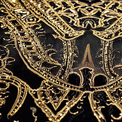 Image similar to metallic head of Behemoth, surrounded by intricate gold lace metalwork on a black smokey background metallic, accent lighting, glowing, gold