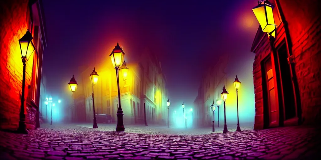 Prompt: curved perspective, extreme narrow, extreme fisheye, digital art of a night foggy street with curled victorian street lamps over cobblestone floor by anton fadeev from nightmare before christmas