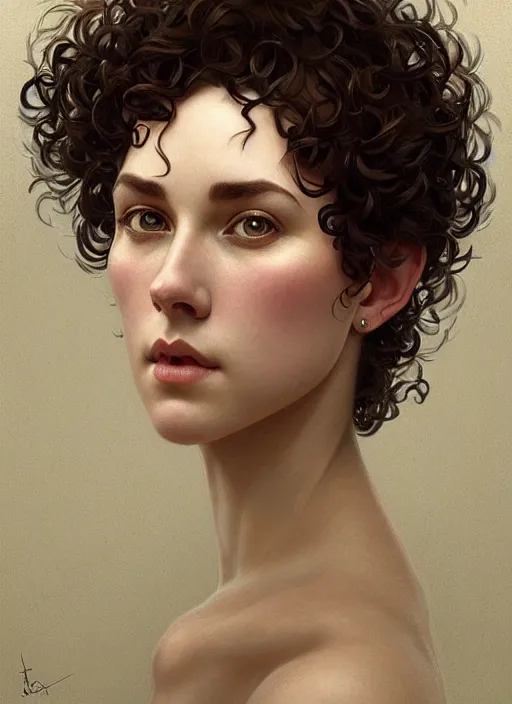 Image similar to symmetry!! portrait of a woman with short curly hair, round face, cottagecore!!, nature, intricate, elegant, highly detailed, digital painting, artstation, concept art, smooth, sharp focus, illustration, art by artgerm and greg rutkowski and alphonse mucha