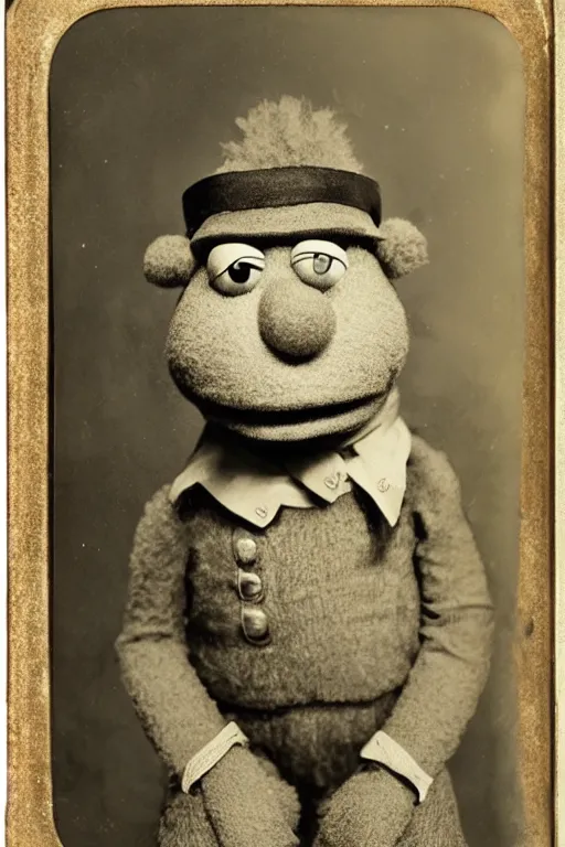 Image similar to a tintype photo of a muppet, muppet, muppet, muppet