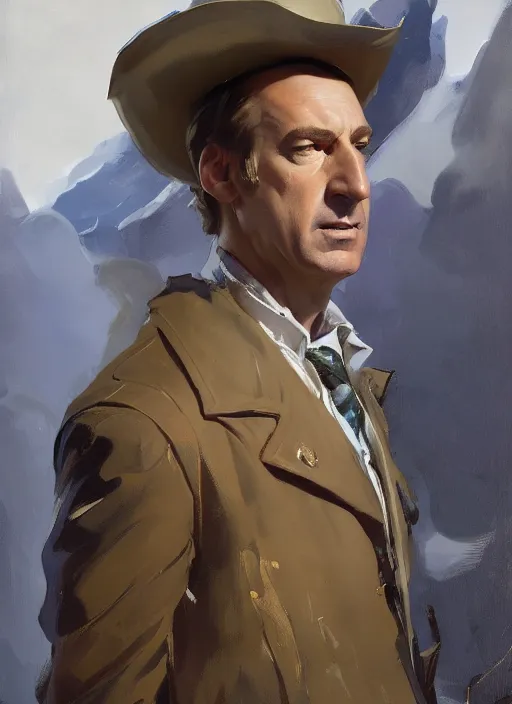 Prompt: portrait of saul goodman, jodhpurs hyperborea winter traveler treasure hunter greg manchess painting by sargent and leyendecker, fantasy, medium shot, asymmetrical, intricate, elegant, matte painting, illustration, hearthstone, by rhads, by greg rutkowski, by greg tocchini, by james gilleard, by joe fenton