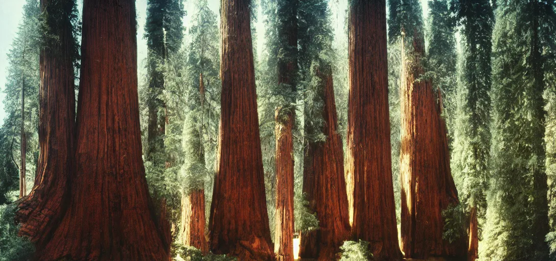 Image similar to house built into and inside a single giant sequoia. color photograph by jerry uelsmann. fujinon premista 1 9 - 4 5 mm t 2. 9. portra 8 0 0.