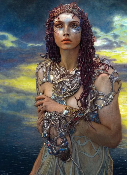 Prompt: biblical shy beautiful female druid android, heavy eyes to the side, scu, bright glowing veins, in clouds, sunset, portrait, by gerald brom, by mikhail vrubel, by peter elson, muted colors, extreme detail, reflections, trending on artstation, 8 k