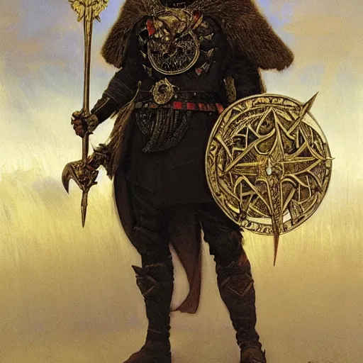 Image similar to pale, beautiful black-haired Viking lord wih sharp features, wearing a gilded black scale armor in the shape of art deco feathers and an arrogant heroic expression, by Greg Rutkowski, Brom, and Alphonse Mucha