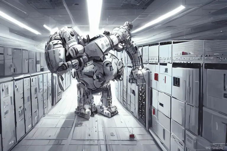 Prompt: parallax datacenter server room single mono colossus white rusty android robosaurus artstation cinematic detailed concept art volumetric light sharp coherent cgsociety symmetric perfect well balanced proportional