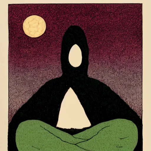 Image similar to by edward gorey, by andy kehoe graphic design extemporaneous. a drawing of a man with a large head, sitting in a meditative pose. his eyes are closed & he has a serene look on his face. his body is made up of colorful geometric shapes & patterns that twist & turn in different directions.