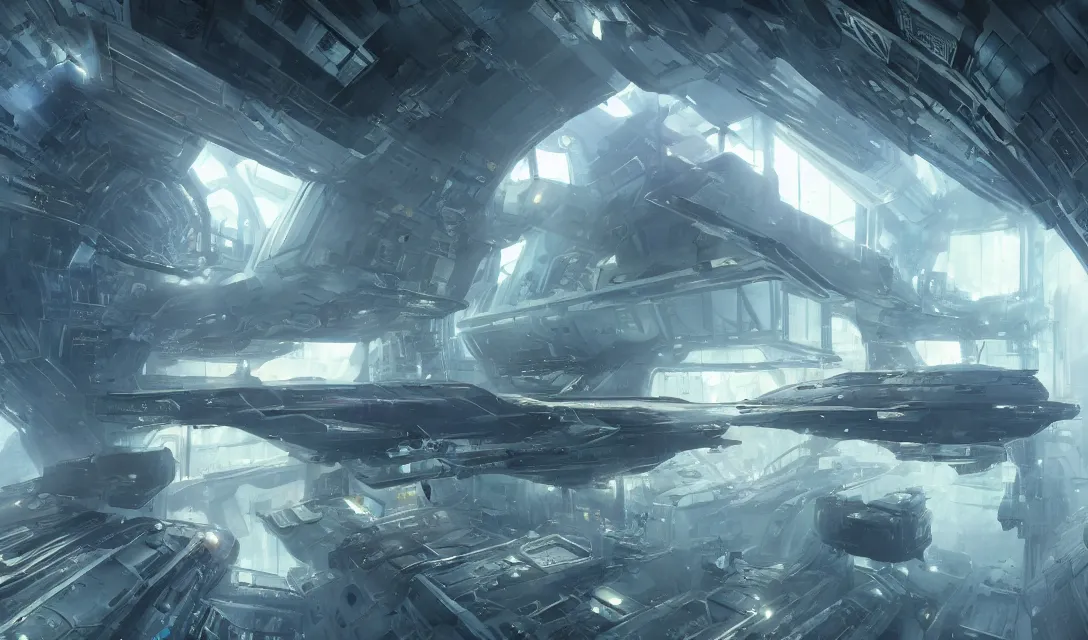 Prompt: Inside the space ark by Greg Rutkowski, astronauts flying in jetpacks, liminal space, futuristic interior, interior architecture concept, inspired by Stephan Martiniere and International Space Station, fantasy, digital art, professional illustration, realistic, ultra detailed, atmospheric, cinematic lighting, movie concept art, hyper detailed, insanely detailed, corona render, octane render, colorful redshift render, 8k