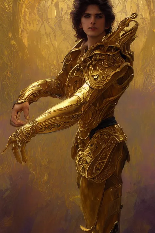 Prompt: young male magician in gold armor, gold hair, gold eyes, tanned skin, fantasy, intricate, highly detailed, digital painting, artstation, concept art, smooth, sharp focus, art by Artem Demura and Alphonse Mucha, ArtGerm, Valentina Remenar, Gaston Bussiere, Cedric Peyravernay