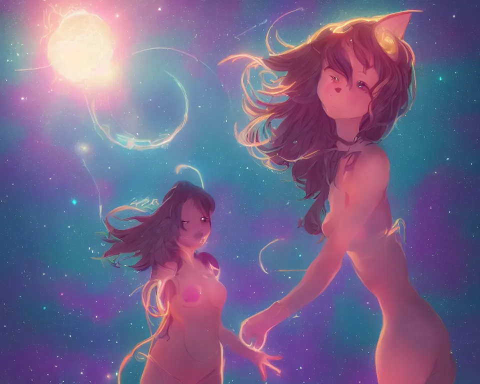 Image similar to beautiful whimsical cat girl standing in a lake under the stars, under a multi-colored binary blackhole with an accretion disc, casting magic, glowing trails following her arms, wearing professional makeup, anime, by Lois van Baarle, by Greg Rutkowski, by artgerm, by beeple, by studio ghibli, cinematic angle, volumetric lighting, 4k resolution, octane render, trending on artstation, masterpiece