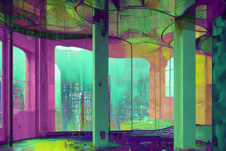 Image similar to abandoned 9 0 s interior with large organic circular windows, rain like a dream, oil painting, volumetric lighting, cyberpunk, basquiat + francis bacon + gustav klimt + beeple, elevated street art, fantasy lut, textural, pink, blue, purple, green,