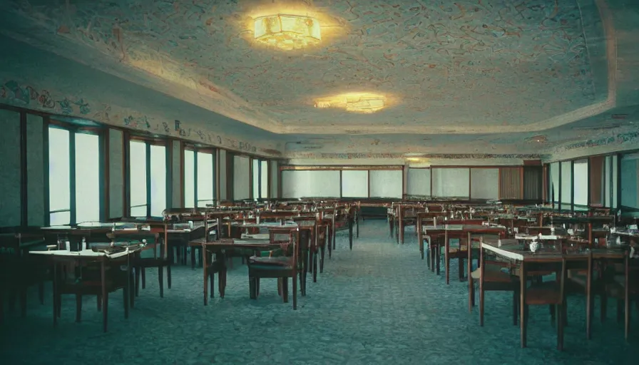 Image similar to 2010s movie still of empty north-korean royal restaurant palace, Cinestill 800t 35mm, heavy grain, high quality, higly detailed