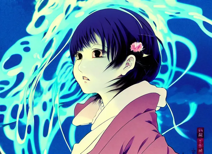 Image similar to yoh yoshinari editorial illustration colorful anime portrait of shiina ringo, murata range, blue submarine no 6, manga, fine texture, detailed, matte colors, perfect anime face, cinematic dramatic lighting, film grain, dynamic composition, moody, vivid, volumetric light, alphonse mucha, last exile, fine stippled lighting, ilya kuvshinov, art deco