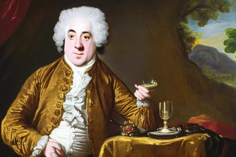 Prompt: Samuel Johnson sipping a tiny gold cup, meme, Sir Joshua Reynolds, 1775 oil painting, trending, /r/funny