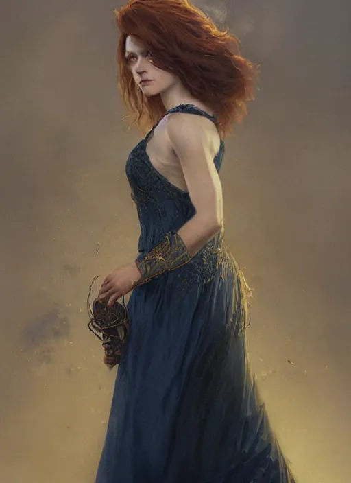 Image similar to portrait of a woman with green eyes and freckles, dressed in a navy blue gown with gold embroidered details, auburn hair, detailed face, fantasy, highly detailed, cinematic lighting, digital art painting by greg rutkowski