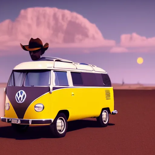 Prompt: a man wearing a cowboy hat standing by a volkswagen camper on a paved desert highway, digital painting, masterpiece, digital art, concept art, octane render, unreal engine 5, trending on deviantart, highly detailed, high quality, 4 k, realistic and detailed face, cinematic, high coherence, soft lighting, path traced, elegant,