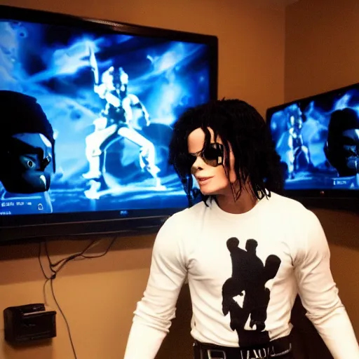 Image similar to Michael Jackson playing Fortnite in his dark room, real like