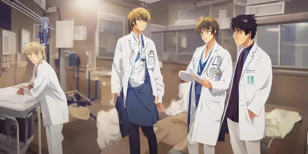 Image similar to a cute and beautiful young female doctor wearing white coat are talking with a handsome young man wearing white coat in a hospital ward, highly detailed, digital painting, slice of life anime, illustration, anime scenery by Makoto shinkai